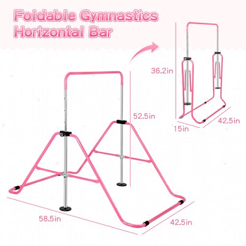 Expandable Gymnastics Bars with Ring, Adjustable Height Gymnastic Horizontal Bars, Gym Junior Training Bar Children Folding Training Monkey Bars for Kids - color: Pink