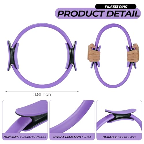 Seenelling 18 Pcs Pilates Ring and Ball Set with Resistance Bands Home Workout Pilates Equipment 11.8 Inch Magic Circle with Padded Handles, Mini Ball for Strength, Toning and Flexibility - color: Purple