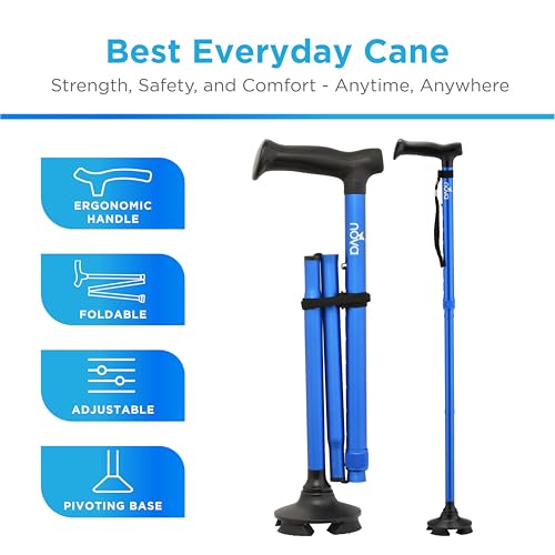 NOVA Foldable Quad Cane for Seniors, Self Standing Adjustable Walking Cane with Pivoting Quad Tip, Lightweight Collapsible Mobility Aid, Bonus Carry Pouch & Replacement Tips, Blue - color: Blue