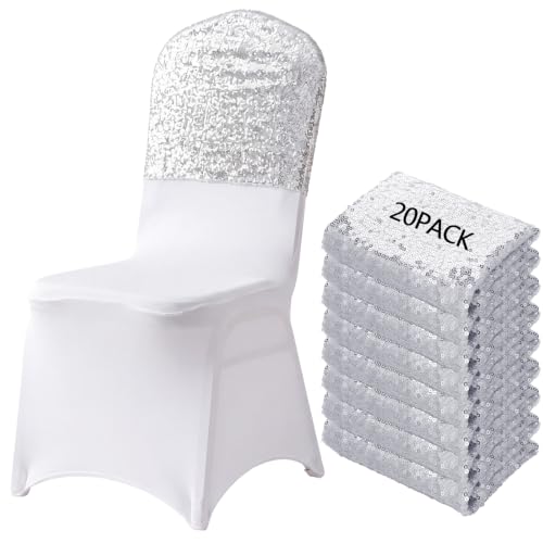 20 Pcs Silver Sequin Chair Back Covers 16x16 Inches Double Sided Glitter Stretch Folding Chair Sashes Stretch Slipcovers for Wedding Banquet Reception Baby Shower Party Decorations