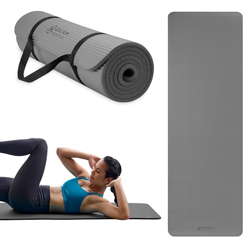 Gaiam Thick Yoga Mat, Exercise & Fitness Mat with Easy-Cinch Carrying Strap | Non-Slip NBR Foam | Joint Cushioning | Yoga, Pilates, Fitness & Floor Workouts | 72"L x 24"W - color: Grey