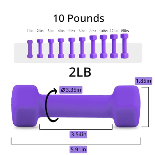 Portzon 8 Colors Options Compatible with Set of 2 Rubber Dumbbell Weight, 5-50 LB, Anti-Slip, Anti-roll, Hex Shape - color: Purple, size: 02-Pound,Pair, style: Neoprene Dumbbells