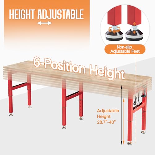 SPECRAFT 96" Red Adjustable Heavy Duty Workbench with 4 AC Outlet and 2 USB Ports Power Outlets, 6000 Lbs Capacity, Rubber Wood Top for Garage, Workshop, Office - color: Red, size: Standard/96"x24"