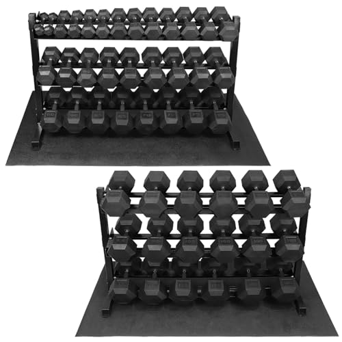 WF Athletic Supply Rubber Encased Hex Dumbbells with Rubber Grip Contoured Handle for Muscle Toning, Strength Building & Full Body Workout - color: z. 3000LB (5LB - 120LB) Dumbbell Set w/ 3-Tier Rack and Mat