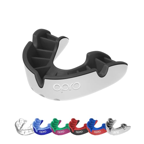 OPRO Silver Level Adult and Kids Sports Mouthguard with Case, Gum Shield Featuring Revolutionary Fitting Technology for Hockey, Lacrosse, Rugby, MMA, Boxing and Combat Sports (White/Black, Youth) - color: White/Black, size: Youth (Under 10)
