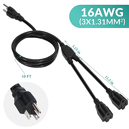 2 Way Power Cord Splitter Cable 10 Ft-3 Prong 1 to 2 Extension Cord-Outlet Saver-Elecan Male to Female Y Splitter Power Extension Cable Strip–UL Certified SJTW 16 Gauge 13 A/125 V–Black - size: 10 FT