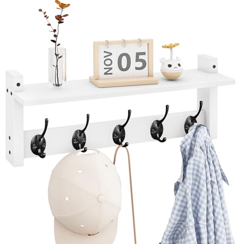 Homode Wall Shelf with Hooks, Coat Rack Wall Mount with Pegs, Hanging Entryway Coat Hanger, Wood and Iron Shelf for Bathroom, Hallway, Bedroom, White - color: White, size: 17.1 Inch Long