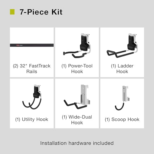 Rubbermaid Fasttrack Garage Storage Utility Hooks 7 Piece Black All in One Rail Hook Kit and Tool Organizer Heavy Duty for Home/Garage/Shed/Garden - size: 2 Rails, 5 Hooks