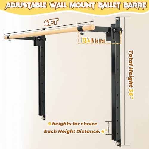 Seliyoo Ballet Barre Wall Mount, Foldable Height Adjustable | 4 FT /5FT Width,Solid Beech Wood Bar, Steel Brackets,For Adults Kids Studio Gym, Stretch & Workout Equipment - color: Black, size: 48 inches