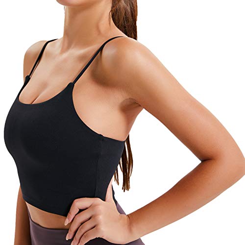Lemedy Women Padded Sports Bra Yoga Tank Top | Light Support, Longline, Fitness Workout Running Shirts, Removable Pads, Spaghetti Straps, for Women - color: Black, size: XX-Large