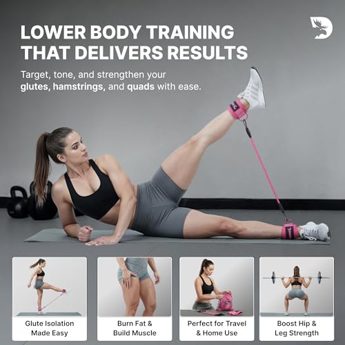 DMoose Ankle Strap for Cable Machine - One Size Fit with Premium Padding, Workout Kickback Ankle Cuffs, Ankle Bands for Working Out, Booty Workouts, Leg Extension, Hip Abductors & Lower Body Exercises - color: Pink + Tube Bands