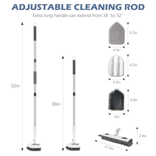 SetSail 4-in-1 Tile Tub Floor Scrubber with 52-inch Adjustable Long Handle Shower Cleaner Brush Comes with Floor Scrub Brush and 3 Replacement Brush Heads for Cleaning Bathroom Tub Tile, White Grey - color: White Grey, size: 2 Pads + Floor Brush