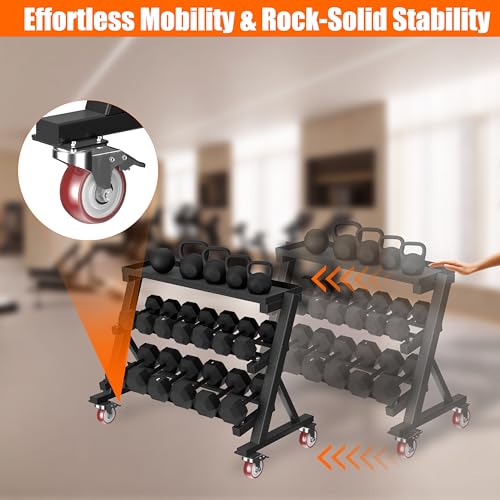 Heavy Duty 3 Tier Dumbbell Rack Stand, 1200LBS Commercial Weight Storage Organizer for Home Gym (Select Frame Type: Kettlebell Flat Tray, All Rails, or Rolling Wheels), Stand Only - color: 3-Tier (Tray & Wheels)- Black