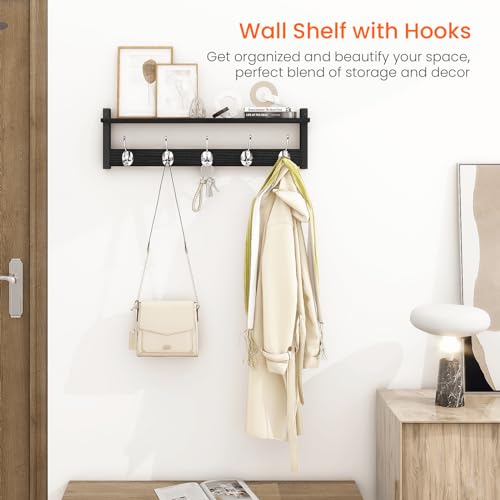 Homode Coat Rack Wall Mount with Shelf, 24" Long Entryway Shelf with Hooks Underneath, Wooden Coat Hanger for Hanging Hats, Bathroom Towels, Clothes, Black - color: Black, size: 24 Inch Long