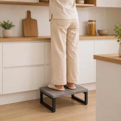 Snughome Wooden Step Stools for Adults Kids, Solid Wooden Bedside Step Stool Adults Hold Up to 350 lb, One Step Foot Stool for Kitchen, Bedroom, Living Room, Bathroom - Self-Assembly(Grey) - color: Gray