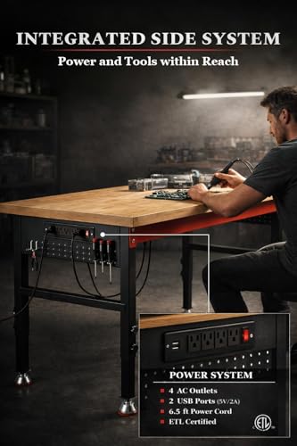 60" Heavy Duty Workbench, 2500 LBS Load Capacity Work Bench with 1.2" Laminated Oak Wood Top & Reinforced Steel Frame, Adjustable Height Work Table for Garage, Workshop, Office, Home (Feet) - size: 60"丨Feet