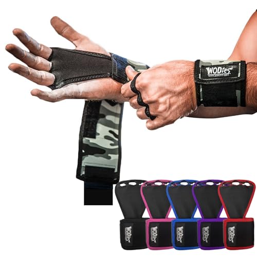 JerkFit WODies Gymnastics & Weightlifting Grips with Wrist Wraps – 3 Hole Versatile Gym Gloves for Pull Ups, Gym Training & Cross Training – Hand Grips Palm Protector for Men & Women - color: Grey Camo, size: Large 4”- 4.75”
