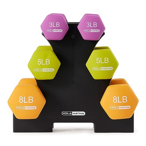 HolaHatha 1, 2 and 3 lb Neoprene Dumbbell Strength Training Weight Set with Rack - color: Multicolor, size: 32 LB