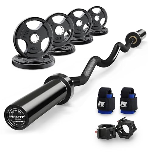 RitFit 2 Inch EZ Curl Bar with Weights, 350LBS Capacity Olympic Barbell for Bicep & Triceps, Home Gym Strength Training - style: Black(with 85LB Weights,Collar and wrist)