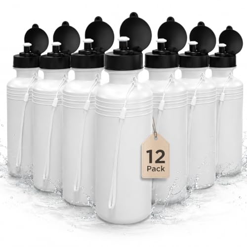 4E's Novelty Sports Water Bottles Bulk (12 Pack) 18 oz Squeeze Reusable Plastic White School Bike Water Bottle for Kids, BPA Free, Party Favor Giveaways, End of Year Student Gifts