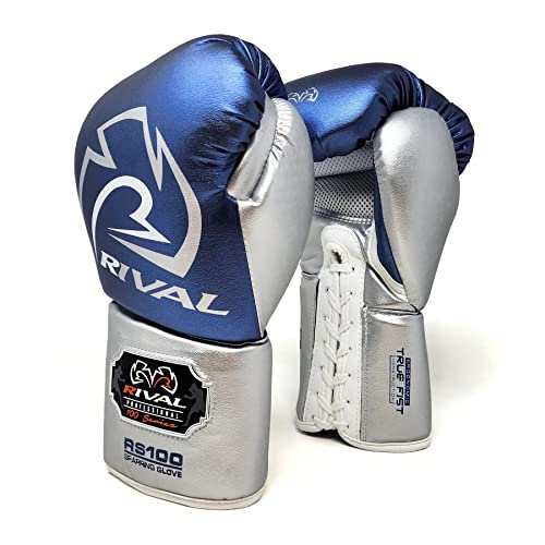RIVAL Boxing RS100 Professional Lace-Up Sparring Gloves, Handcrafted with Super-Rich Microfiber PU, Ergonomically Designed to Perfectly Fit Your Hand - color: Blue/Silver, size: 14 oz.