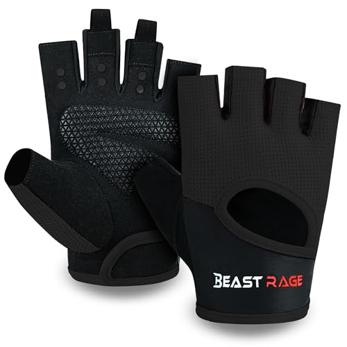BEAST RAGE Workout Gloves for Men & Women - Fingerless Gym Gloves with Palm Protection, Breathable & Lightweight for Weightlifting, Cycling & Pull Up - color: Black, size: Medium