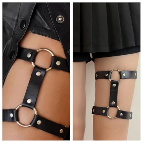 Adjustable Elastice 2 Rows Leather Leg Harness Garter Belt Punk Gothic Thigh Ring Garter - color: Red