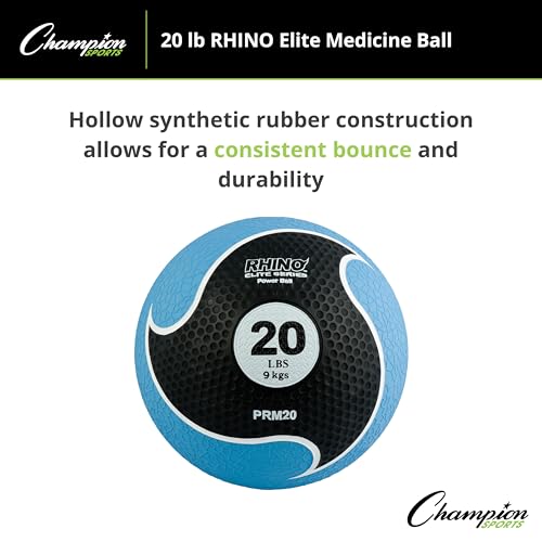 Champion Sports Rhino Elite Medicine Ball – Textured Surface, Superior Grip, Hollow Synthetic Rubber for Consistent Bounce & Durability, Multiple Weights & Colors - Optional Rebounder Sold Separately - style: 20 Pounds - Blue