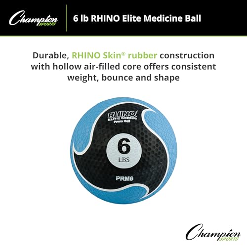 Champion Sports Rhino Elite Medicine Ball – Textured Surface, Superior Grip, Hollow Synthetic Rubber for Consistent Bounce & Durability, Multiple Weights & Colors - Optional Rebounder Sold Separately - style: 6 Pounds - Blue