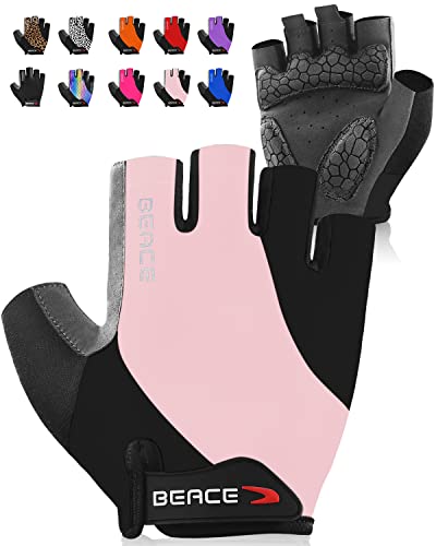 BEACE Gloves for Cycling Bike Biking Half Finger Road Bicycle for Men and Women-5MM Breathable Anti-Slip Shock-Absorbing Pad Gym Motorcycle Light Weight Mountain Bike Gloves - color: Pink, size: Medium