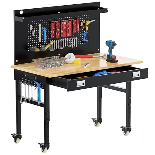 Betterhood 48" Heavy Duty Adjustable Workbench with Large Pegboard, Adjustable Work Table with Power Outlets & Lockable Wheels, Rubber Wood Workstation for Garage, Workshop, Office, Home, Commercial - size: Large Pegboard / Power Outlets / Drawer / 48"x24
