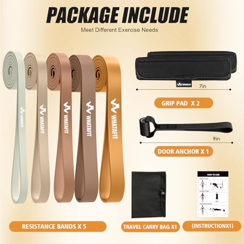 WHATAFIT Resistance Bands, Pull Up Assist Bands with Handles, Door Anchor | Natural Latex Rubber, Progressive Tension, Exercise Loop for Full-Body Fitness, Portable Gym Bag, Warm-Up & Stretch - color: 5-125LBS COFFEE+GRIP