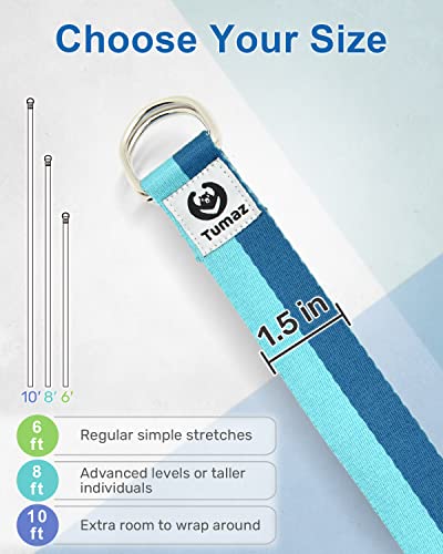 Tumaz Yoga Strap for Stretching with Adjustable D-Ring, 6/8/10 ft | Adjustable D-Ring | Soft Cotton Blend | 15+ Colors | Non-Elastic Yoga Belt for Pilates Stretching & Physical Therapy - color: 03. Blue Match, size: 6 Feet