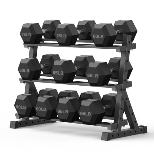 PAPABABE Dumbbell Set with Rack, 540-850lb, Rubber Encased, Home Gym | Complete & Durable Cast Iron Core Odorless PVC Antiroll Hex Shape Ergonomic Chrome Handle Versatile Home Gym - size: 850LB with 3-Tier Weight Rack