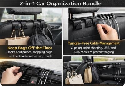 Car Organizer Bundle – 4-Pack Headrest Hooks & 8-Pack Cable Organizer Clips, Backseat Bag Hangers & Cord Management Set
