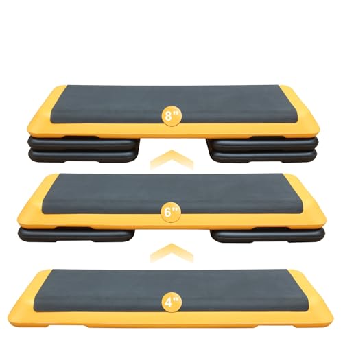 Adjustable Height Aerobic Step Platform with 4 Risers, Lightweight 11lbs Exercise Step Platform & Fitness Step with Non-Slip Surface for Workouts, Home, Gym and Fitness - color: Yellow