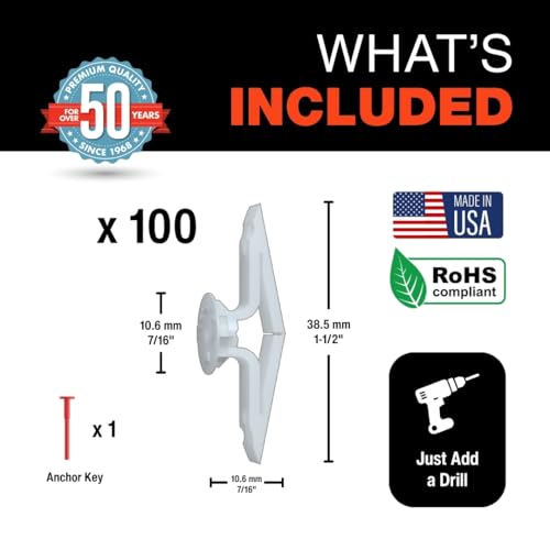 TOGGLER Toggle TA Hollow Door Anchors, Polypropylene Heavy Duty, Fits #8–#12 Screws, 1/8"–1/4" Grip Range, 124 lbs Grip in 1/4" Plywood, Made in USA (Pack of 100 Screws not Included) - size: 100 Pack w/o Screws