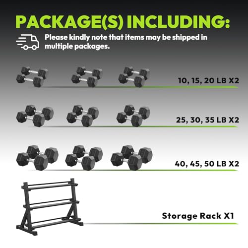HANDBODE Rubber Coated Hex Dumbbell Set with Rack, 300-840 lb | Fixed Weights Sets with Heavy Duty Storage Stand, Multiple Weight Options Home Gym Equipment for Strength Training - style: 540 lb Set (10-50 lb) with Rack