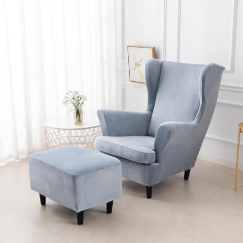 NILUOH Thick Velvet Wingback Chair Slipcovers 2-Piece, Stretch Wing Chair Covers Soft Sofa Slipcover Wing Back Armchair Cover Furniture Protector for Living Room - color: Foggy Blue
