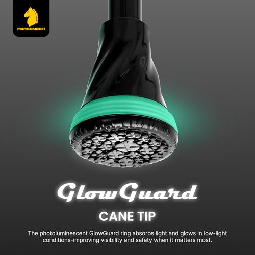 FORCEMECH GlowGuard Foldable Walking Cane for Men & Women, Adjustable Heavy Duty Cane with Glow Tip & Extra-Wide Tip - color: Gloss Black