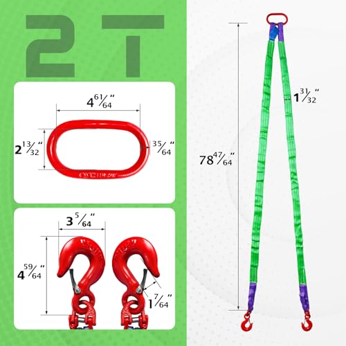Two Leg Bridle Web Sling 7ft 4409lbs Lifting Slings with G80 Alloy Steel Grab Hooks Lifting Straps for Hoist Safe Towing and Handling of Cargo - size: 4409 lb / 7 ft