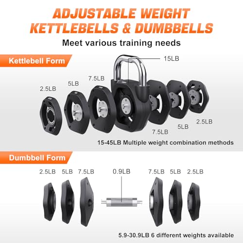 2-in-1 Adjustable Kettlebell for Men& Women Home Gym Exercise | 15-45LB Kettlebells Weight Set, Strength Training, 5.9-30.9LB Adjustable Weights Dumbbell, Full Body Workout