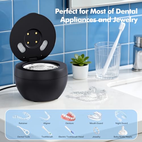 Upgraded Ultrasonic Retainer Cleaner Machine, 48kHz Ultrasonic Dentures Cleaner for Mouth Guards, Braces, Aligner, Toothbrush & Jewelry, 200ML Capacity, Black - color: Light Black