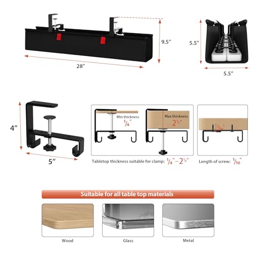 Univivi No Drill Under Desk Cable Management Tray, 28" Cord Organizer for Table, Clamp/Screw Mount Desk Cable Management, Premium Fabric Cable Management Tray for Office, Home - color: Black, size: 28"L x 5.5"W