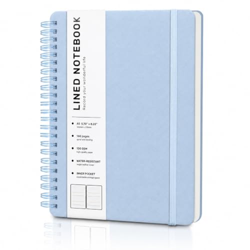 ABERLLS Blue Lined Spiral Journal Notebook with 160 Pages, 8×5.7in, A5 Spiral Notebook, Journaling Notebooks for Work, School, Women, Men, College Ruled Spiral Notebook, Hardcover Leather Journals - color: Light Baby Blue, size: A5