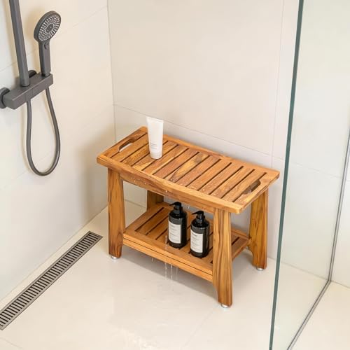 24" Large Teak Shower Bench with Shelf & Handle - Waterproof Spa Stool, Non-Slip Leveling Feet & 300 lbs Capacity - for Showers, Saunas/Steam Rooms & Outdoor Pools (Patented) - size: 24"W x 13" Dx 18"H