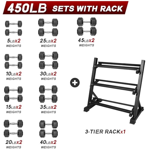 Ritfit 5-650 LBS PVC Encased Hex Dumbbell Sets with Optional Rack for Home Gym, Hand weight with Chrome Handle for Strength Training,Workouts - style: (5+10+15+20+25+30+35+40+45)450LBS SET