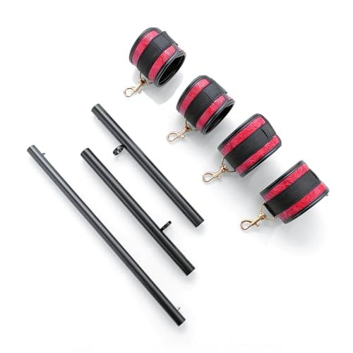 Spreader Bar Heavy Duty Stainless Steel Expandable Silver Bar Home Gym with 4pcs Furry Purple Adjustable Straps,Sports Aid Training Fitness Gear Pilates Aid Kit - style: Black+PU Embossed Red