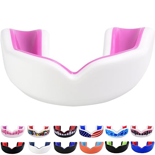 Oral Mart Youth Sports Mouth Guard for Kids (USA Flag, Fangs, 20+ Colors to Choose from) Mouthguard for Football, MMA, Karate, Boxing, Rugby, BJJ, Flag Football – /w Case (Youth, Strapless) - color: Pinky Lady