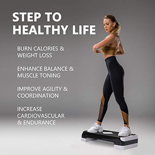 GYMMAGE Adjustable Workout Aerobic Stepper, Aerobic Exercise Step Platform with 2 Risers, Exercise Step Deck for Fitness, 26.5" Trainer Stepper with Non-Slip Surface Home Gym & Extra Risers Options - color: Gray&Black